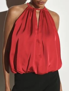 KSTM Satin Halter Neck Blouse With Keyhole Detail And Tie Back Closure Draped Bubble Hem Sleeveless Top For Evening Party Holiday - Red - View 4