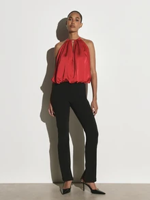 KSTM Satin Halter Neck Blouse With Keyhole Detail And Tie Back Closure Draped Bubble Hem Sleeveless Top For Evening Party Holiday - Red - View 3