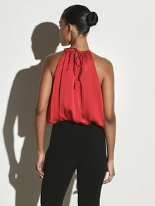 KSTM Satin Halter Neck Blouse With Keyhole Detail And Tie Back Closure Draped Bubble Hem Sleeveless Top For Evening Party Holiday - Red - View 2