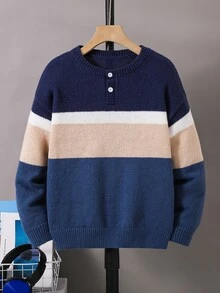 SHEIN 兒童青少年男孩休閒韓風半開領圓領毛衣，適合通勤、上學、日常穿著、休閒外出、運動，秋冬款 - 藍色 - 查看 1