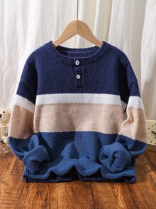 SHEIN 兒童青少年男孩休閒韓風半開領圓領毛衣，適合通勤、上學、日常穿著、休閒外出、運動，秋冬款 - 藍色 - 查看 7