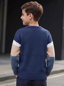 SHEIN 兒童青少年男孩休閒韓風半開領圓領毛衣，適合通勤、上學、日常穿著、休閒外出、運動，秋冬款 - 藍色 - 查看 3