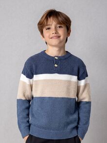 SHEIN 兒童青少年男孩休閒韓風半開領圓領毛衣，適合通勤、上學、日常穿著、休閒外出、運動，秋冬款 - 藍色 - 查看 2
