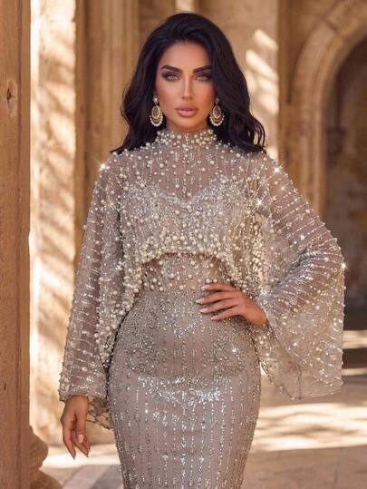 Glamrae مجموعة أنيقة فاخرة من قطعتين: شال مطرز بالخرز والألماس والترتر والدانتيل & فستان حورية بدون حمالات، مناسب للزفاف والحفلات وحفلات العزوبية والعطلات وحفلات التخرج وحفلات السهرة