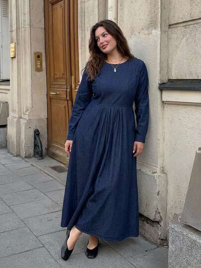 Dazy Plus Dark Vintage Denim Blue Casual Fitted Waist A-Line Long Dress, Spring/Autumn Long Sleeve Denim Dress