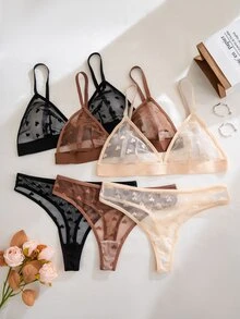 PetitDoll 6pcs/Set Valentine's Day Sexy Sheer Heart Jacquard Mesh Wireless Triangle Bra Lingerie Set - Multicolor - View 5