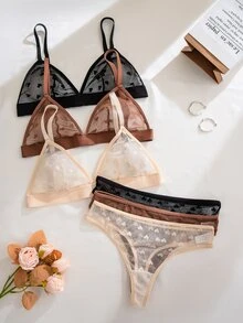 PetitDoll 6pcs/Set Valentine's Day Sexy Sheer Heart Jacquard Mesh Wireless Triangle Bra Lingerie Set - Multicolor - View 4