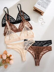PetitDoll 6pcs/Set Valentine's Day Sexy Sheer Heart Jacquard Mesh Wireless Triangle Bra Lingerie Set - Multicolor - View 3
