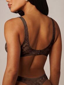 MISSGUIDED Floral Lace High-Cut Thong With Scalloped Trim And Sheer Mesh Detail For Valentine's Day - Coffee Brown - View 2