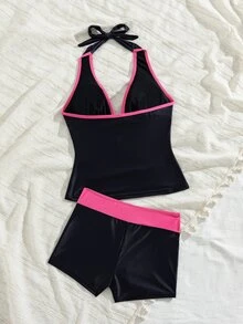 Sirith 女款性感歐美風音樂節派對大膽前衛戶外夏季海灘極簡休閒度假百搭豹紋拼接飾邊數位印花掛脖比基尼上衣搭配修身低腰褲兩件式坦克比基尼泳衣套裝顯瘦秋季海灘泳裝 - 彩色 - 查看 3