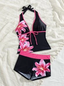 Sirith 女款性感歐美風音樂節派對大膽前衛戶外夏季海灘極簡休閒度假百搭豹紋拼接飾邊數位印花掛脖比基尼上衣搭配修身低腰褲兩件式坦克比基尼泳衣套裝顯瘦秋季海灘泳裝 - 彩色 - 查看 7