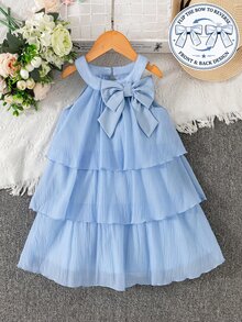 SHEIN 女童休闲黑色撞色领腰针织连衣裙 - 淺藍色 - 查看 3