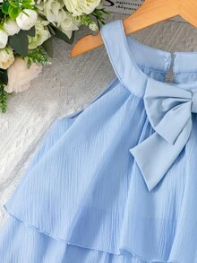 SHEIN 女童休闲黑色撞色领腰针织连衣裙 - 淺藍色 - 查看 4
