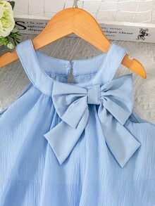 SHEIN 女童休闲黑色撞色领腰针织连衣裙 - 淺藍色 - 查看 7