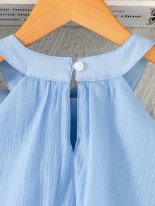 SHEIN 女童休闲黑色撞色领腰针织连衣裙 - 淺藍色 - 查看 6