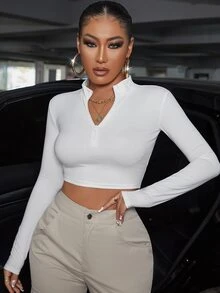 SHEIN SXY Spring And Summer Turtleneck Half-Zip Short White Long-Sleeved T-Shirt - White - View 8