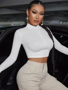 SHEIN SXY Spring And Summer Turtleneck Half-Zip Short White Long-Sleeved T-Shirt - White - View 5