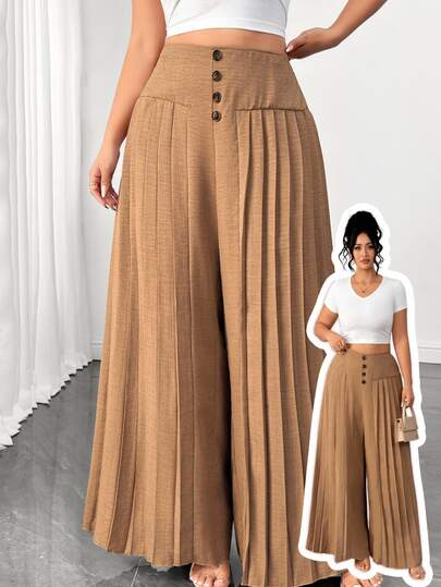 Elenzga Women's Plus Size Elegant Pleated Wide Leg Button Pants, Non-Stretch Woven Fabric, Perfect Choice For Autumn