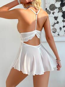 Crystal Vow 2pcs/Set Sexy Lace & Mesh Backless A-Line Dress, Wine Red - White - View 2