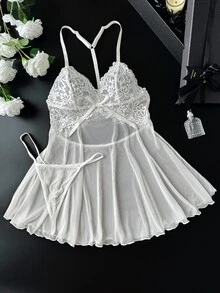 Crystal Vow 2pcs/Set Sexy Lace & Mesh Backless A-Line Dress, Wine Red - White - View 8