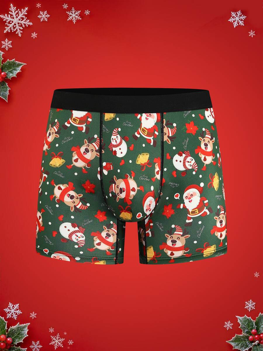 Notgurli Quần boxer nam dáng trung, in hoạt hình hài hước Giáng Sinh hình ông già Noel, hộp quà, kẹo gậy, chuông, bông tuyết, người tuyết, cho tiệc gia đình - Nhiều màu - Xem 1