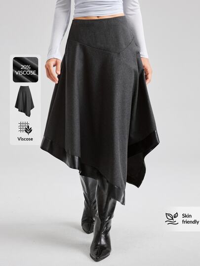 Ontre Saia feminina 2026 Outono/Inverno nova, moda minimalista elegante, casual para deslocações, praia e férias, solta, patchwork, preta lisa, versátil, emagrecedora e alongadora, elegante, para uso diário, trabalho, escritório, encontros, moda e street wear
