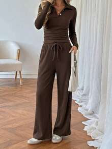 SHEIN 2pcs Women's Casual Spring Vacation Commute Outfit Set, Long Sleeve Ribbed T-Shirt And Pants, Coffee Brown, / Wear Brunch Lounge - Brown - View 7