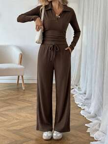 SHEIN 2pcs Women's Casual Spring Vacation Commute Outfit Set, Long Sleeve Ribbed T-Shirt And Pants, Coffee Brown, / Wear Brunch Lounge - Brown - View 3