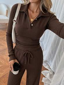 SHEIN 2pcs Women's Casual Spring Vacation Commute Outfit Set, Long Sleeve Ribbed T-Shirt And Pants, Coffee Brown, / Wear Brunch Lounge - Brown - View 6