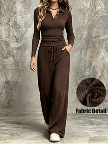 SHEIN 2pcs Women's Casual Spring Vacation Commute Outfit Set, Long Sleeve Ribbed T-Shirt And Pants, Coffee Brown, / Wear Brunch Lounge - Brown - View 1