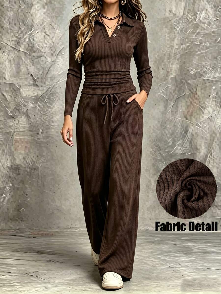 SHEIN 2pcs Women's Casual Spring Vacation Commute Outfit Set, Long Sleeve Ribbed T-Shirt And Pants, Coffee Brown, / Wear Brunch Lounge - Brown - View 1