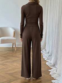 SHEIN 2pcs Women's Casual Spring Vacation Commute Outfit Set, Long Sleeve Ribbed T-Shirt And Pants, Coffee Brown, / Wear Brunch Lounge - Brown - View 2