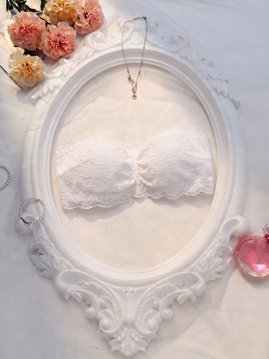 Crystal Vow 1pc Lace Patchwork Bandeau Bra With Non-Slip Silicone Grip For Women - White - View 1
