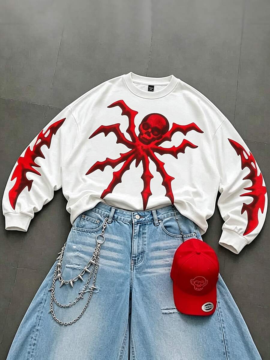 STEELVANCE Men Halloween Spider Skull Print Sweatshirt, Loose Fit Drop Shoulder Crew Neck Pullover, Gothic Streetwear Top - White - View 1