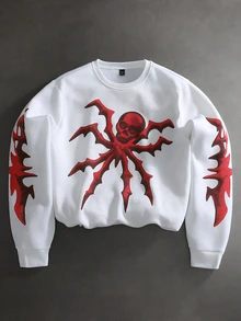 STEELVANCE Men Halloween Spider Skull Print Sweatshirt, Loose Fit Drop Shoulder Crew Neck Pullover, Gothic Streetwear Top - White - View 2