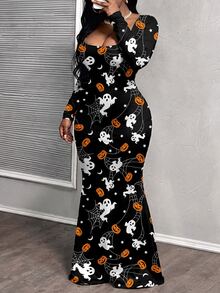 Slaydiva Women's Plus-Size Halloween Print Square-Neck Long-Sleeve Dress – Pumpkin Print, Comfortable Stretch Fabric,Party Outfits - Multicolor - View 1