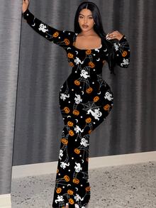 Slaydiva Women's Plus-Size Halloween Print Square-Neck Long-Sleeve Dress – Pumpkin Print, Comfortable Stretch Fabric,Party Outfits - Multicolor - View 5