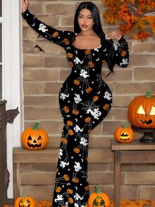 Slaydiva Women's Plus-Size Halloween Print Square-Neck Long-Sleeve Dress – Pumpkin Print, Comfortable Stretch Fabric,Party Outfits - Multicolor - View 2