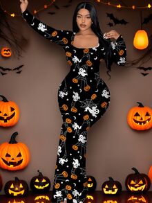 Slaydiva Women's Plus-Size Halloween Print Square-Neck Long-Sleeve Dress – Pumpkin Print, Comfortable Stretch Fabric,Party Outfits - Multicolor - View 4