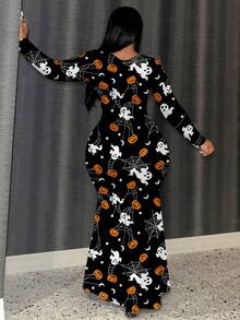 Slaydiva Women's Plus-Size Halloween Print Square-Neck Long-Sleeve Dress – Pumpkin Print, Comfortable Stretch Fabric,Party Outfits - Multicolor - View 3
