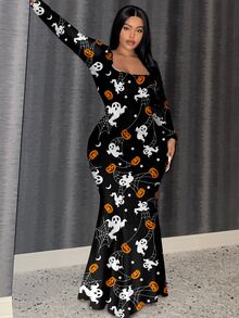 Slaydiva Women's Plus-Size Halloween Print Square-Neck Long-Sleeve Dress – Pumpkin Print, Comfortable Stretch Fabric,Party Outfits - Multicolor - View 6