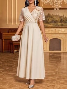 Fleurora Women's Elegant Romantic Party Dinner Night Cocktail 3D Floral Decor Sequin Embroidery Mesh Patchwork Dress Wedding White And Gold Summer - Apricot - View 6