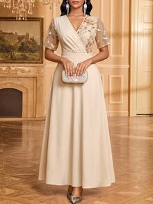 Fleurora Women's Elegant Romantic Party Dinner Night Cocktail 3D Floral Decor Sequin Embroidery Mesh Patchwork Dress Wedding White And Gold Summer - Apricot - View 5