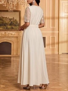 Fleurora Women's Elegant Romantic Party Dinner Night Cocktail 3D Floral Decor Sequin Embroidery Mesh Patchwork Dress Wedding White And Gold Summer - Apricot - View 4