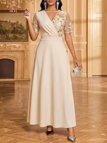 Fleurora Women's Elegant Romantic Party Dinner Night Cocktail 3D Floral Decor Sequin Embroidery Mesh Patchwork Dress Wedding White And Gold Summer - Apricot - View 2