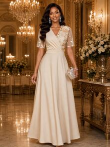 Fleurora Women's Elegant Romantic Party Dinner Night Cocktail 3D Floral Decor Sequin Embroidery Mesh Patchwork Dress Wedding White And Gold Summer - Apricot - View 1