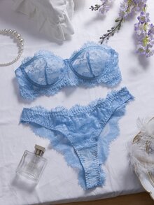 Crystal Vow 2pcs Women Lace Lingerie Set - Baby Blue - View 3