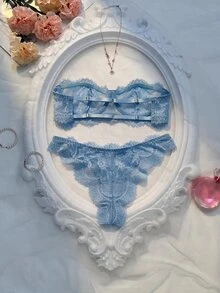 Crystal Vow 2pcs Women Lace Lingerie Set - Baby Blue - View 4