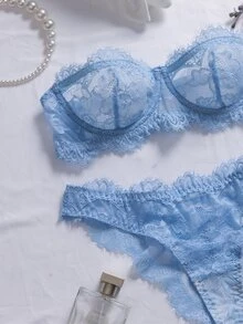 Crystal Vow 2pcs Women Lace Lingerie Set - Baby Blue - View 5