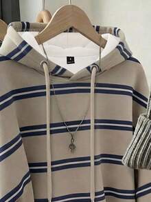 SHEIN EZwear 大码女式条纹连帽卫衣，适合秋冬季穿着 - 彩色 - 查看 4